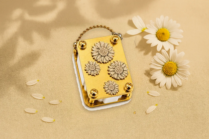 Sunflower design mini flower press on linen with daisies