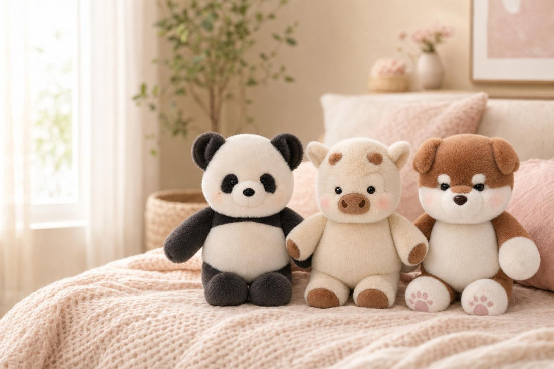 Three Mia Plush Co. cuddle buddies sitting together