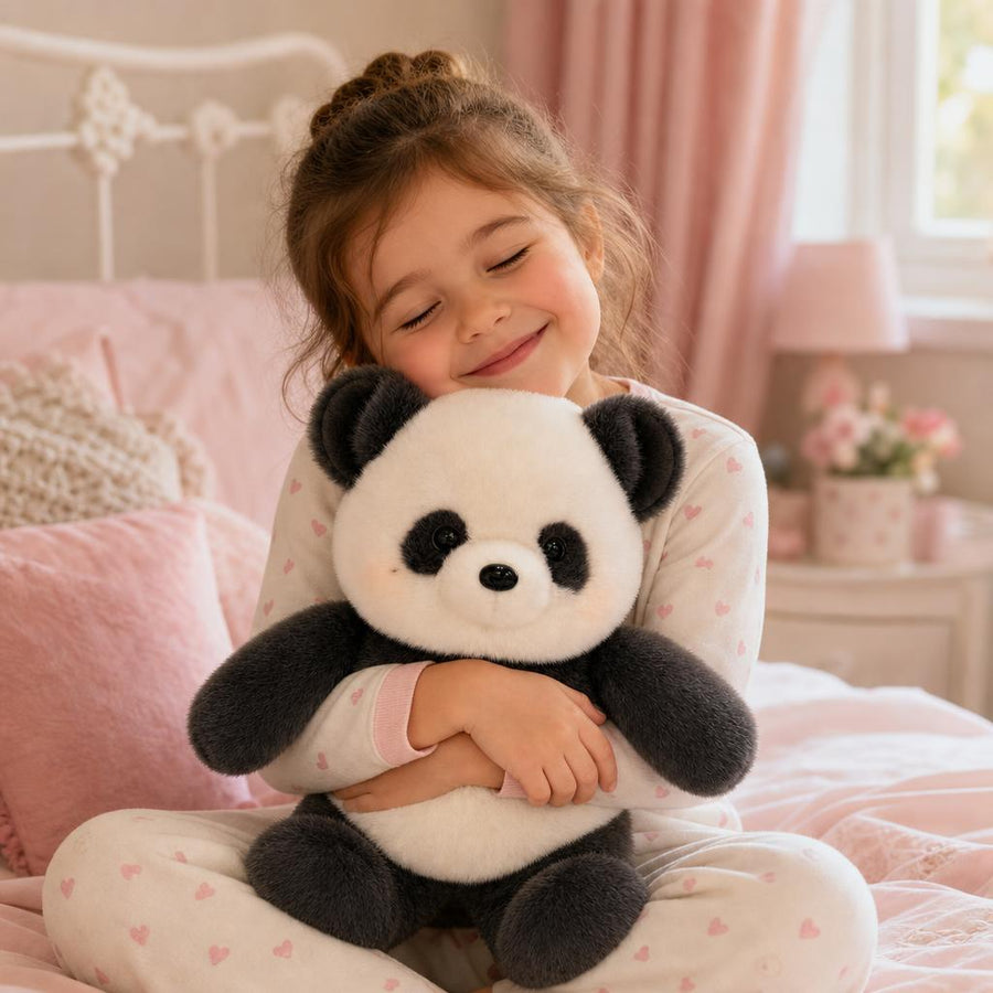 Child hugging a Mia Plush Co. panda plush toy
