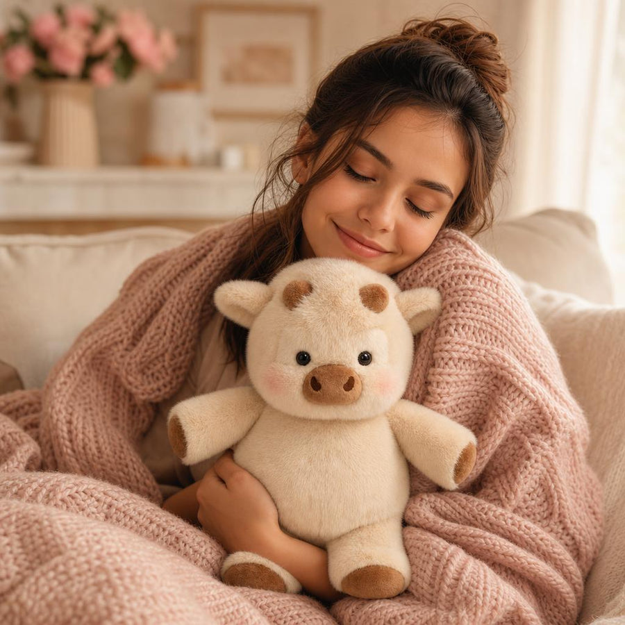 Woman cuddling a Mia Plush Co. calf plush toy
